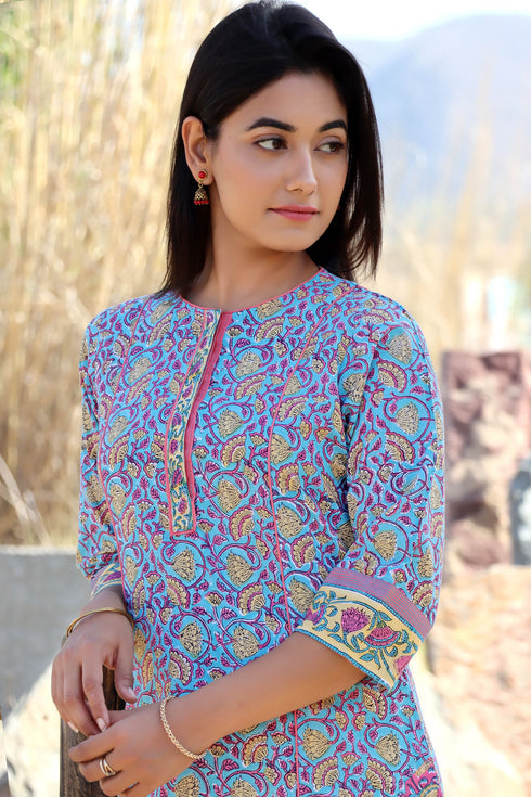 Cambric Cotton Kurta With Floral Block Print